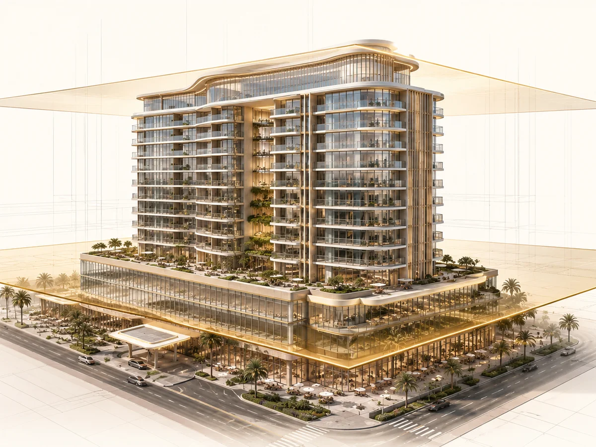 Architectural render of Alta Torre's mixed-use tower