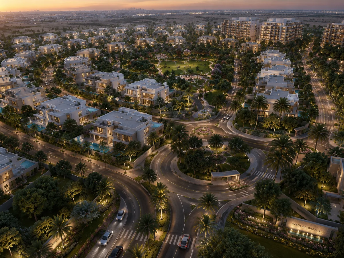 Aerial view of Arbora's community roundabout in Wadi Al Safa 4