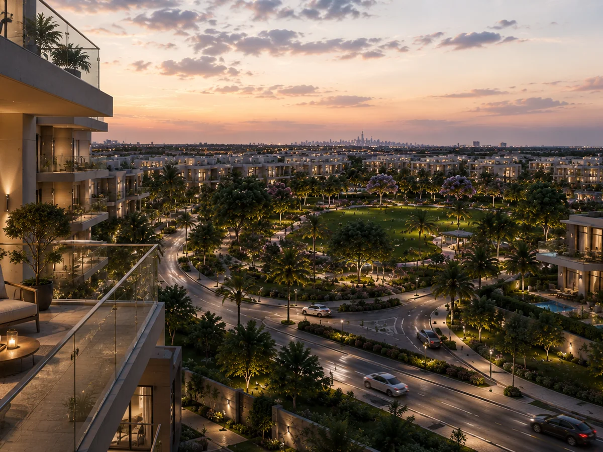 View over Arbora's central park from a residential balcony