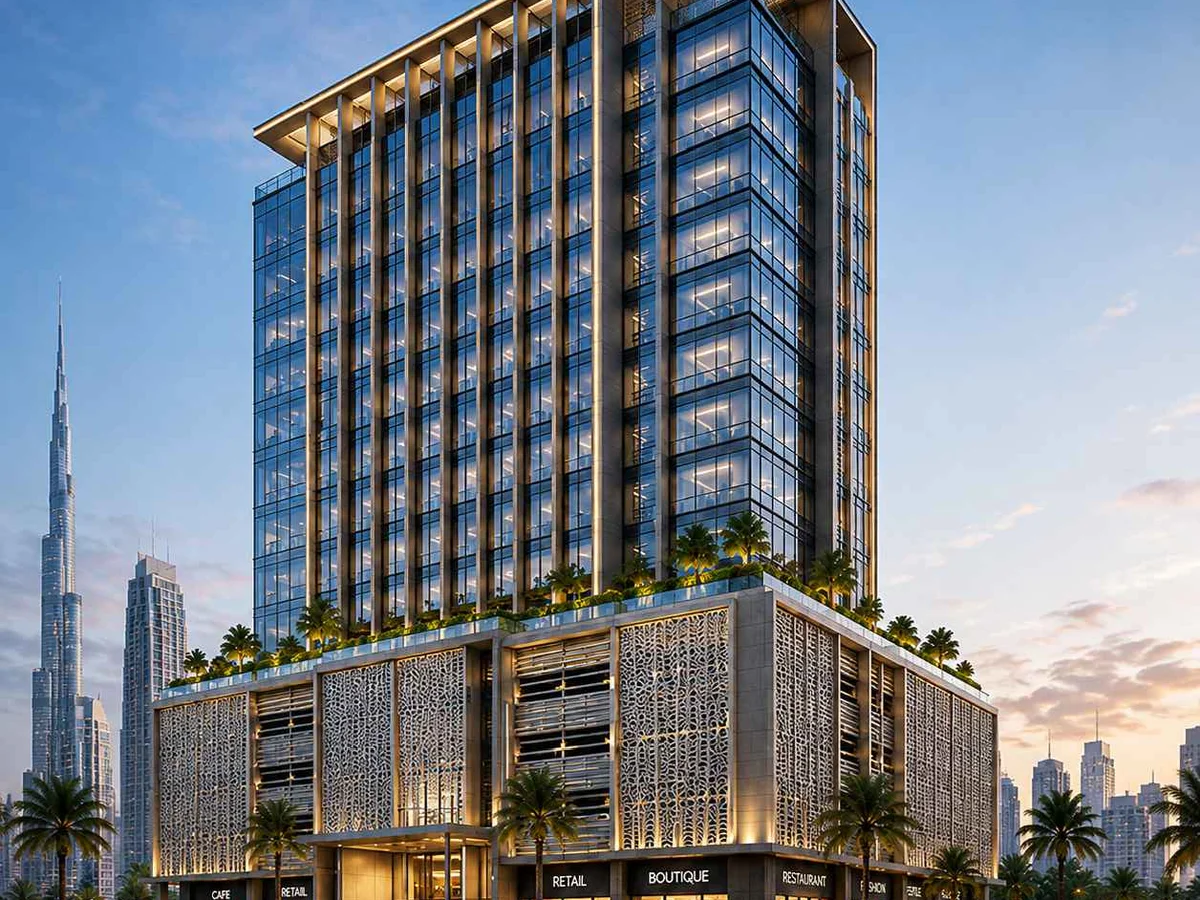 Street-level render of Limestone Tower with the Dubai skyline