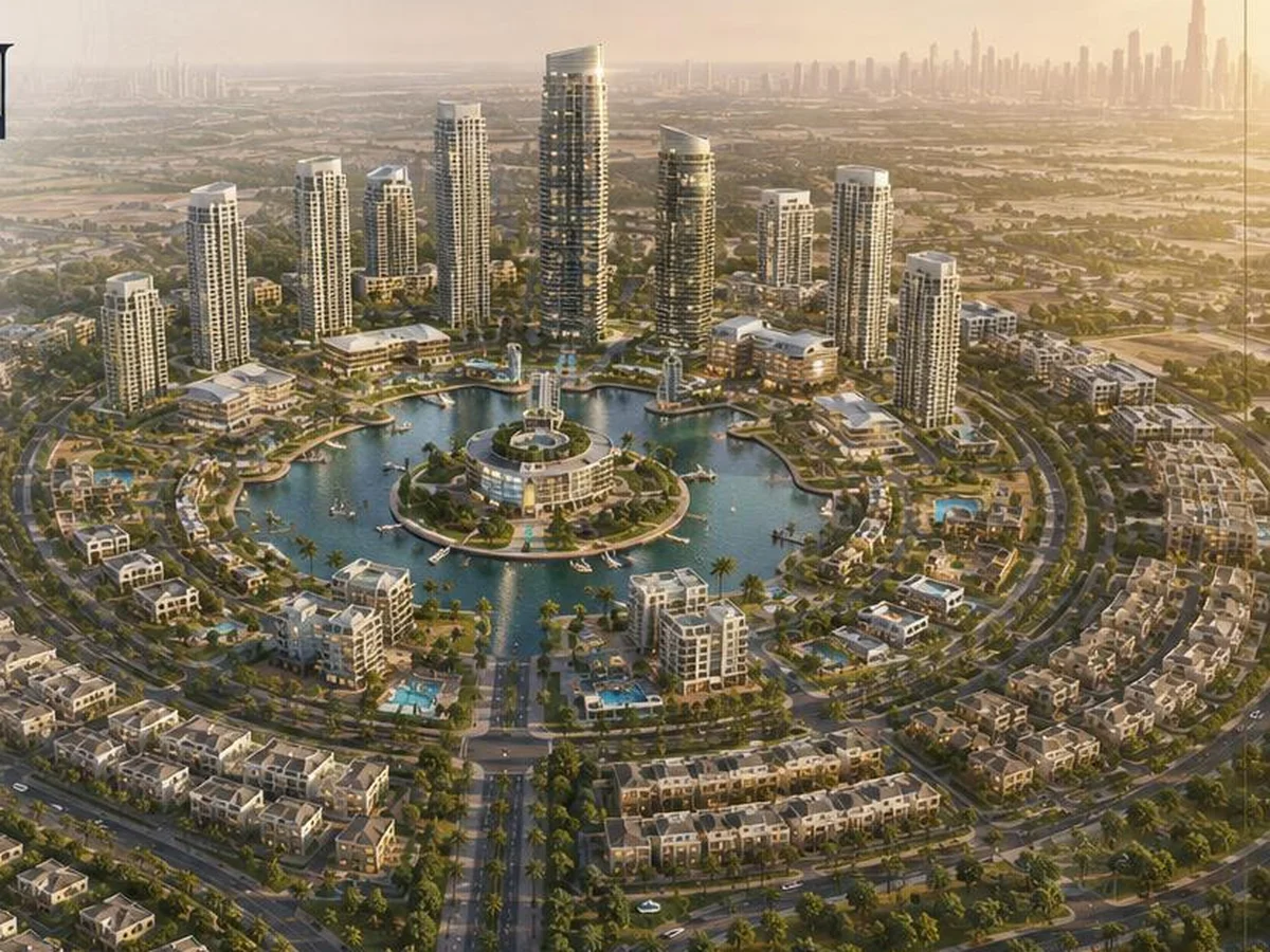 Aerial view of New Downtown's central lagoon masterplan